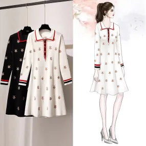 2022 embroidered bee dress for spring and autumn high waist polo collar knitwear A-line skirt for ladies