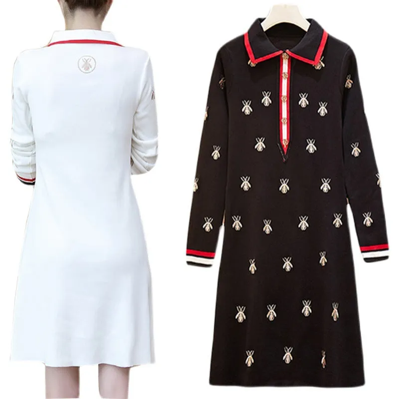 2022 embroidered bee dress for spring and autumn high waist polo collar knitwear A-line skirt for ladies