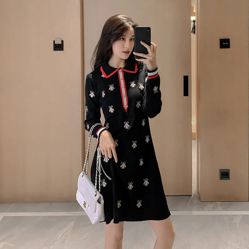2022 embroidered bee dress for spring and autumn high waist polo collar knitwear A-line skirt for ladies