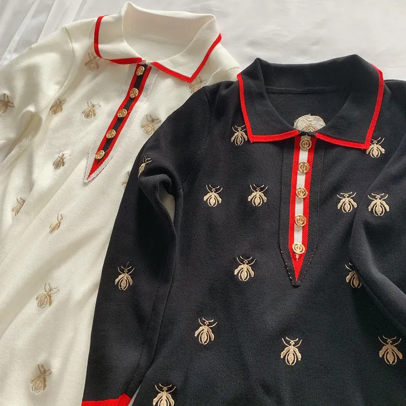 2022 embroidered bee dress for spring and autumn high waist polo collar knitwear A-line skirt for ladies