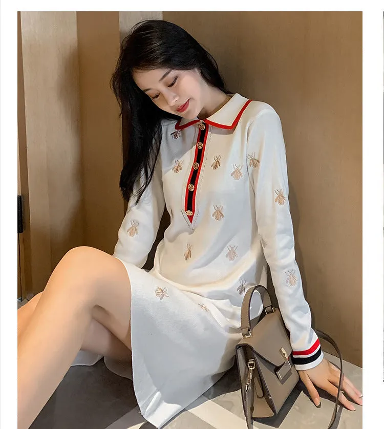 2022 embroidered bee dress for spring and autumn high waist polo collar knitwear A-line skirt for ladies