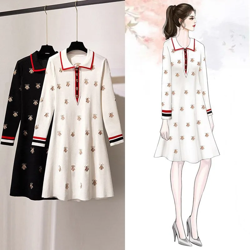 2022 embroidered bee dress for spring and autumn high waist polo collar knitwear A-line skirt for ladies