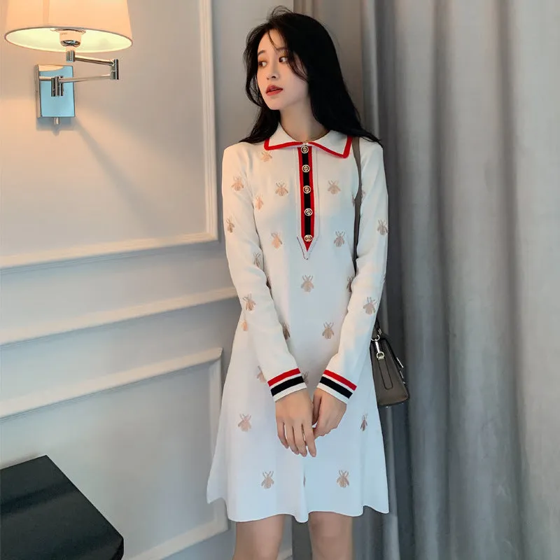 2022 embroidered bee dress for spring and autumn high waist polo collar knitwear A-line skirt for ladies