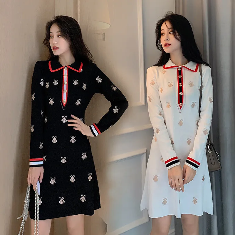 2022 embroidered bee dress for spring and autumn high waist polo collar knitwear A-line skirt for ladies
