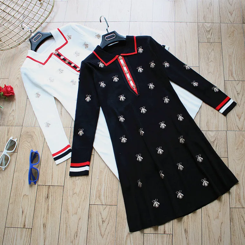 2022 embroidered bee dress for spring and autumn high waist polo collar knitwear A-line skirt for ladies