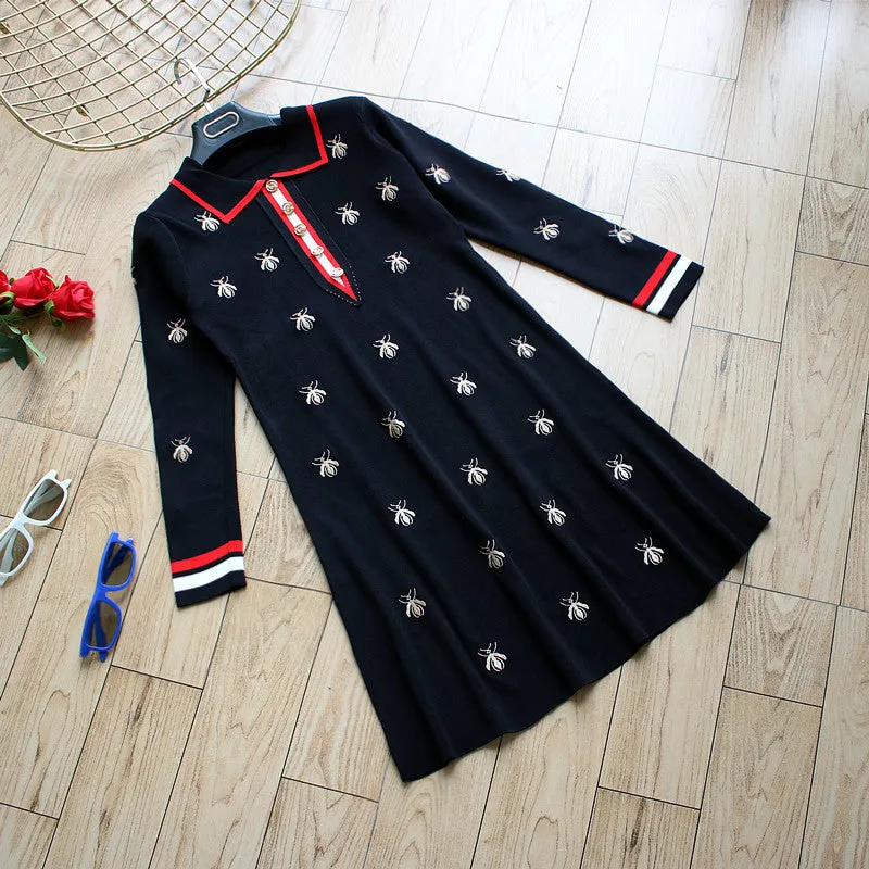2022 embroidered bee dress for spring and autumn high waist polo collar knitwear A-line skirt for ladies