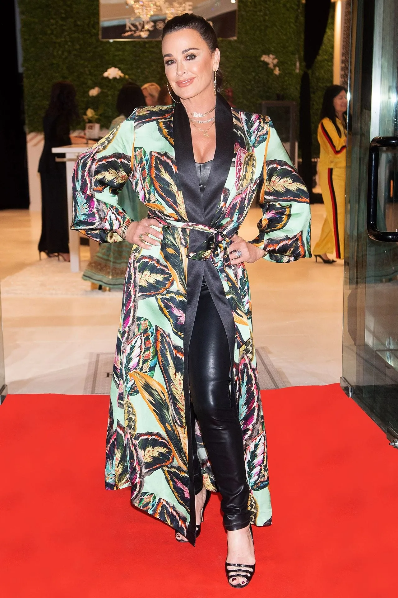 As Seen on Kyle Richards at Store Opening Leaf Print Robe Dress