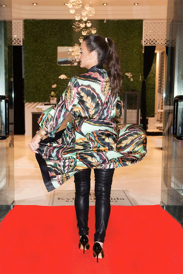 As Seen on Kyle Richards at Store Opening Leaf Print Robe Dress