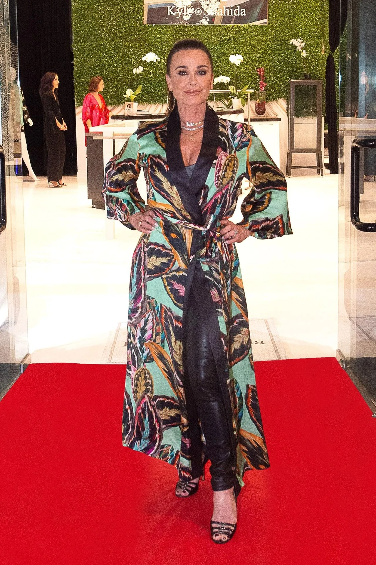As Seen on Kyle Richards at Store Opening Leaf Print Robe Dress