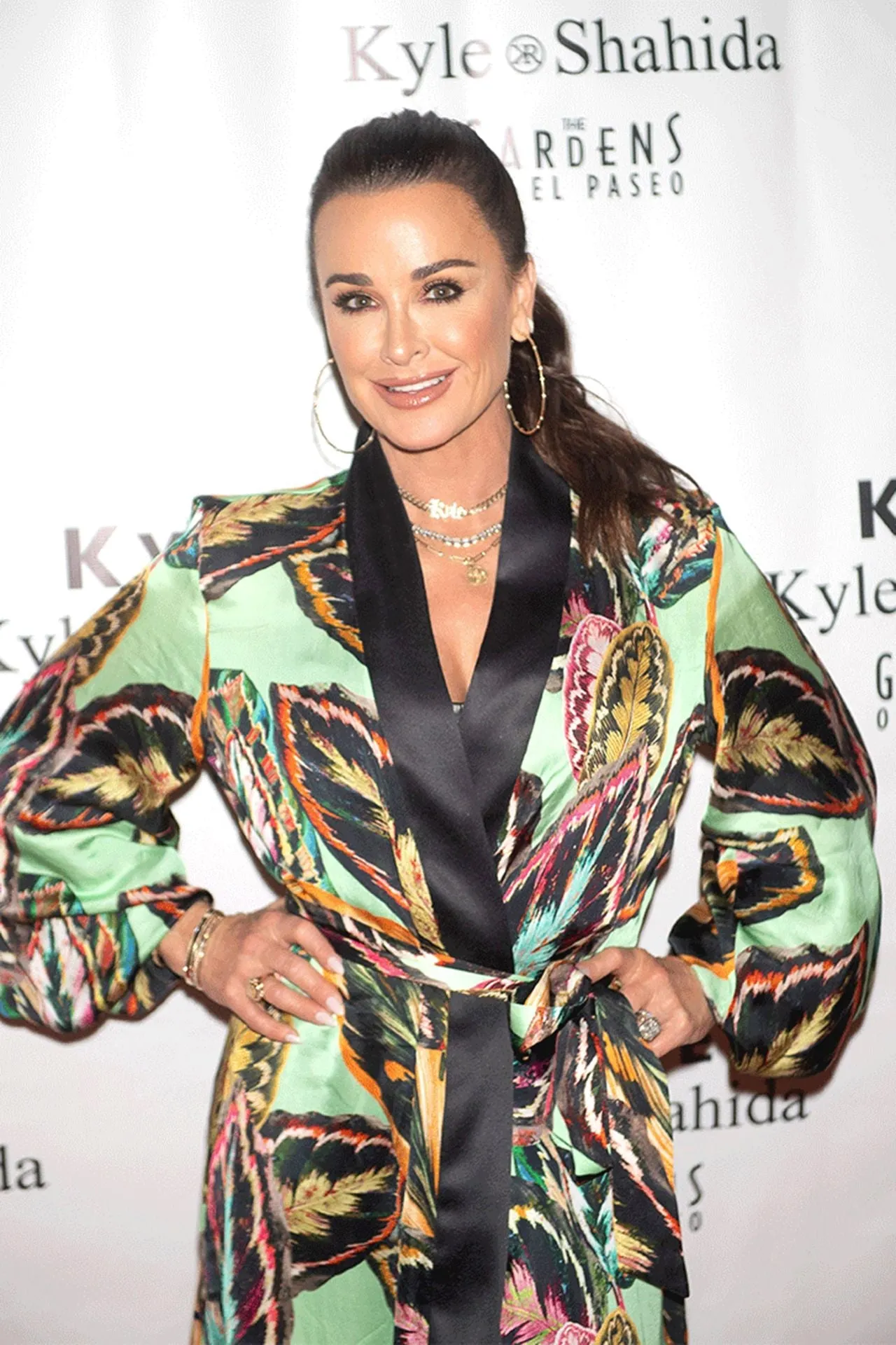 As Seen on Kyle Richards at Store Opening Leaf Print Robe Dress