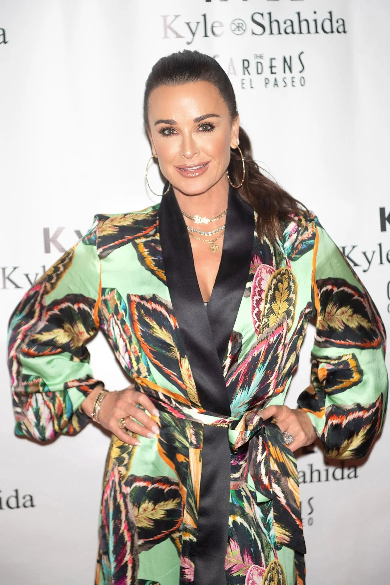 As Seen on Kyle Richards at Store Opening Leaf Print Robe Dress