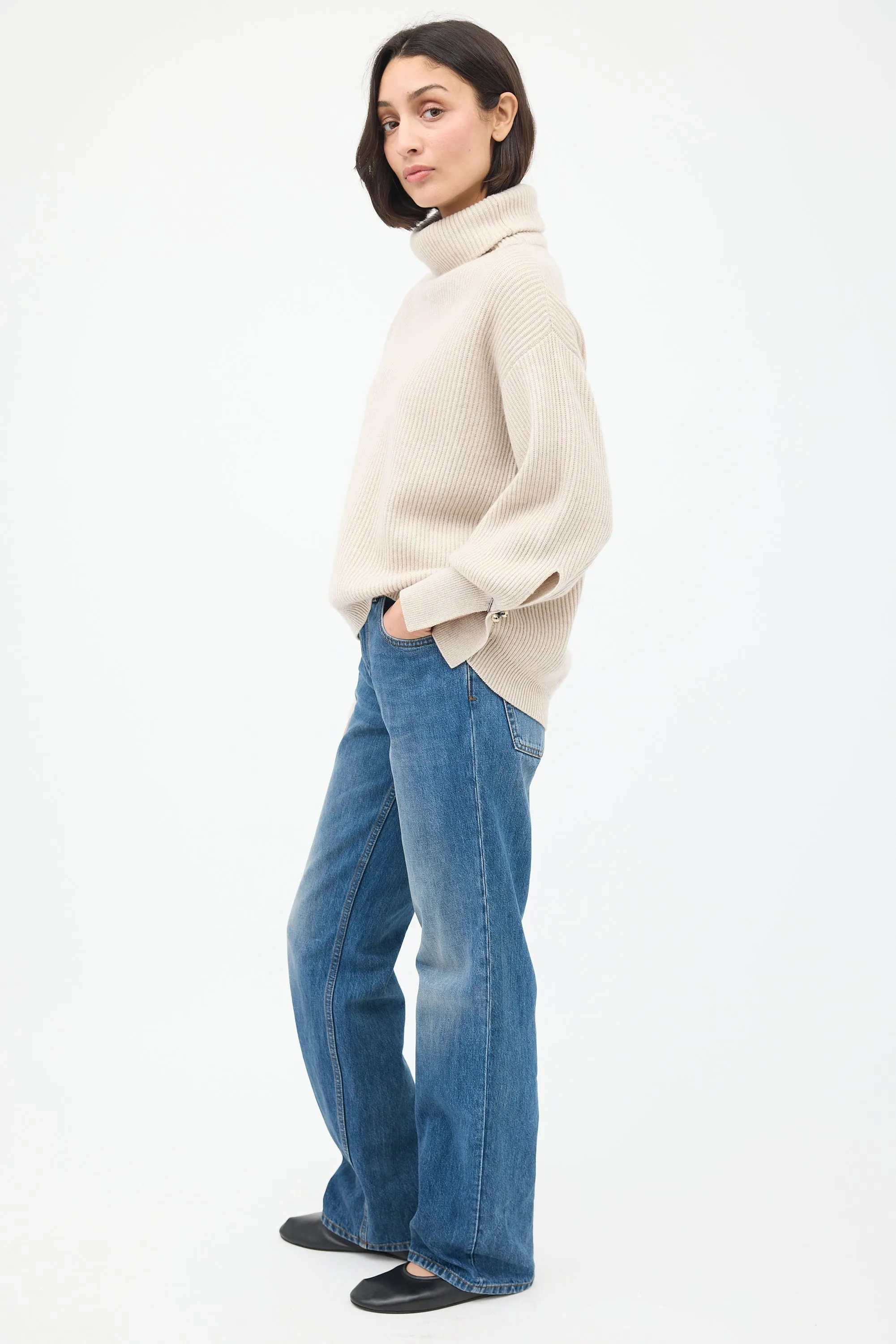 Beige Cashmere Ribbed Turtleneck Sweater