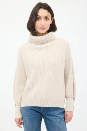 Beige Cashmere Ribbed Turtleneck Sweater