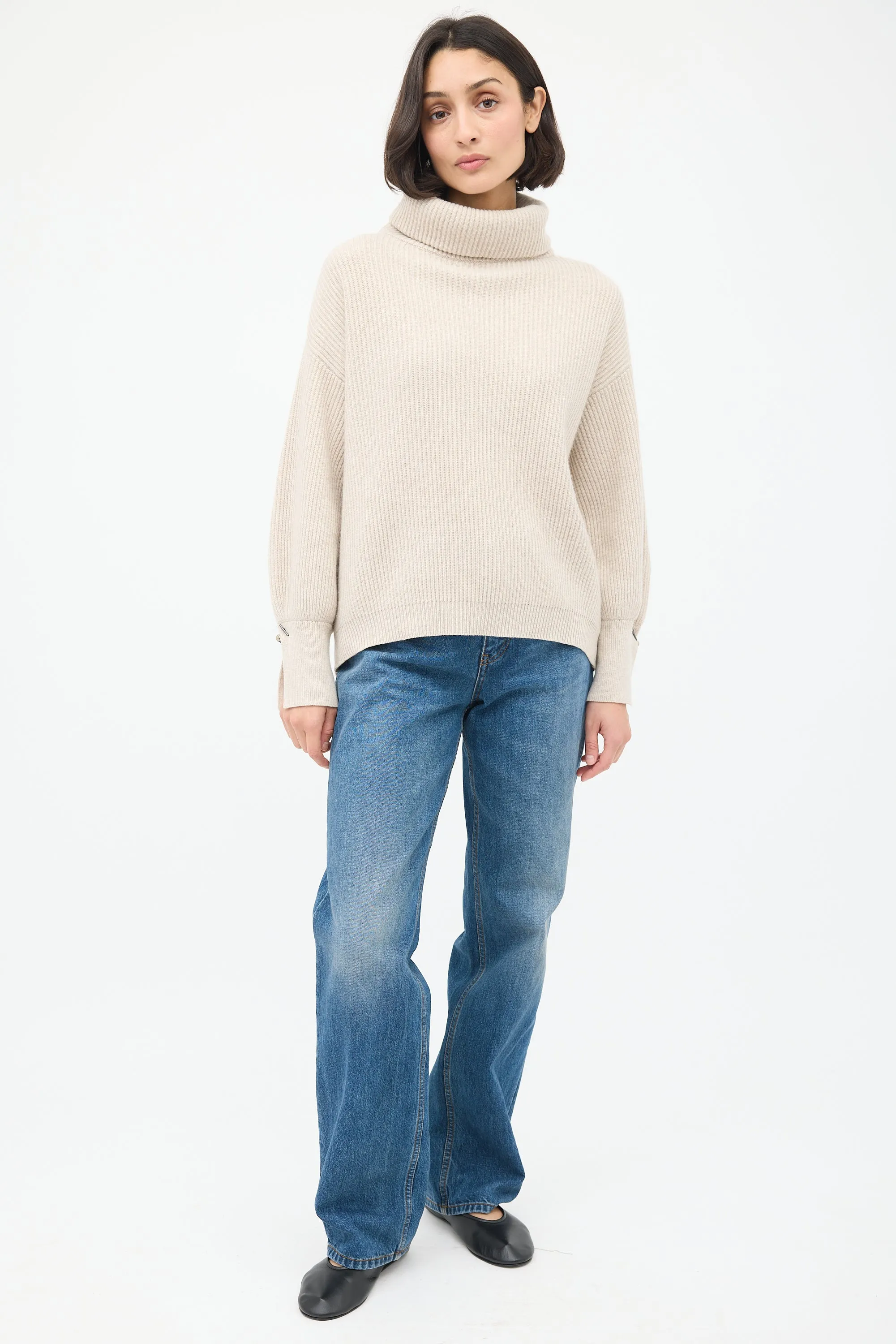 Beige Cashmere Ribbed Turtleneck Sweater