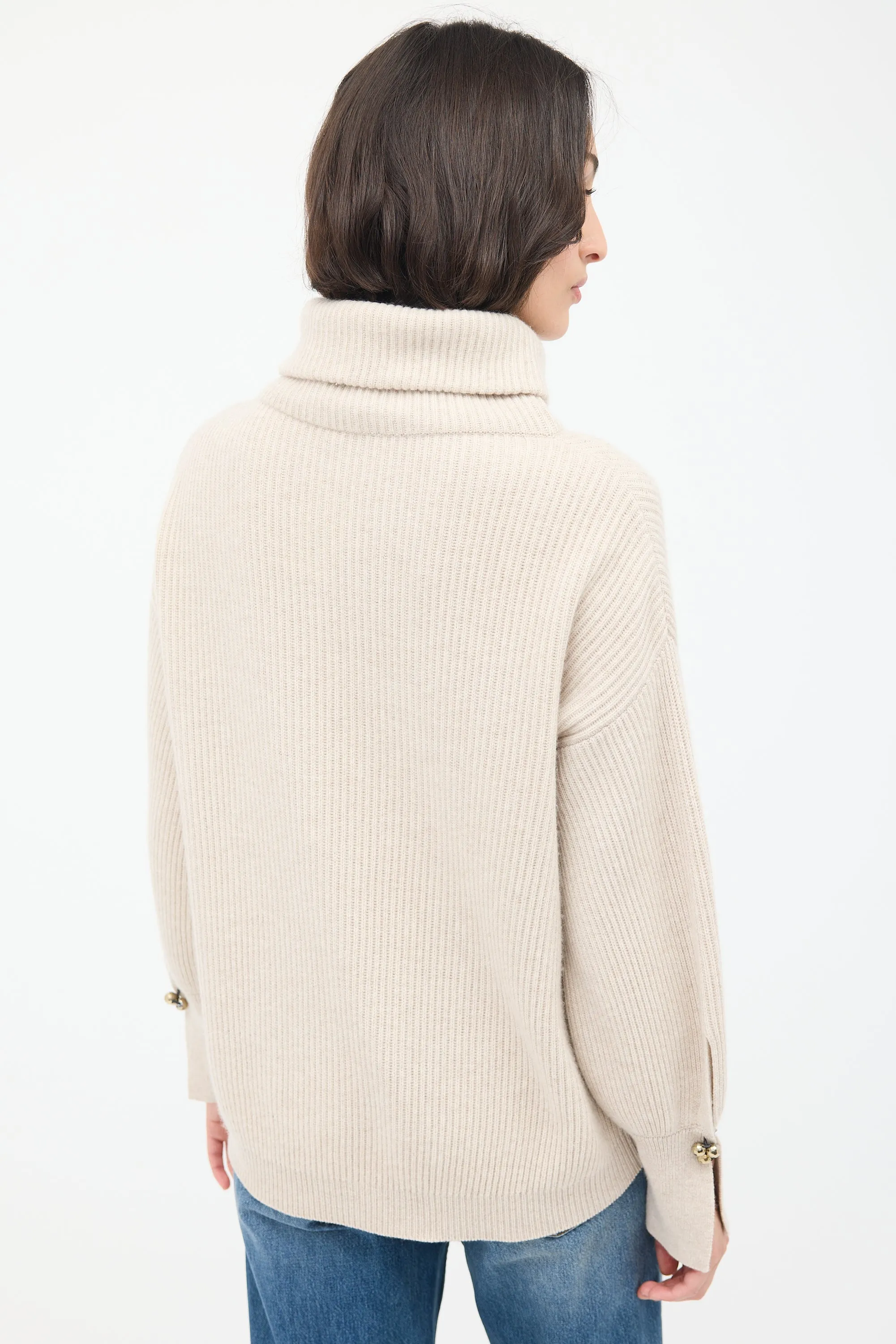 Beige Cashmere Ribbed Turtleneck Sweater