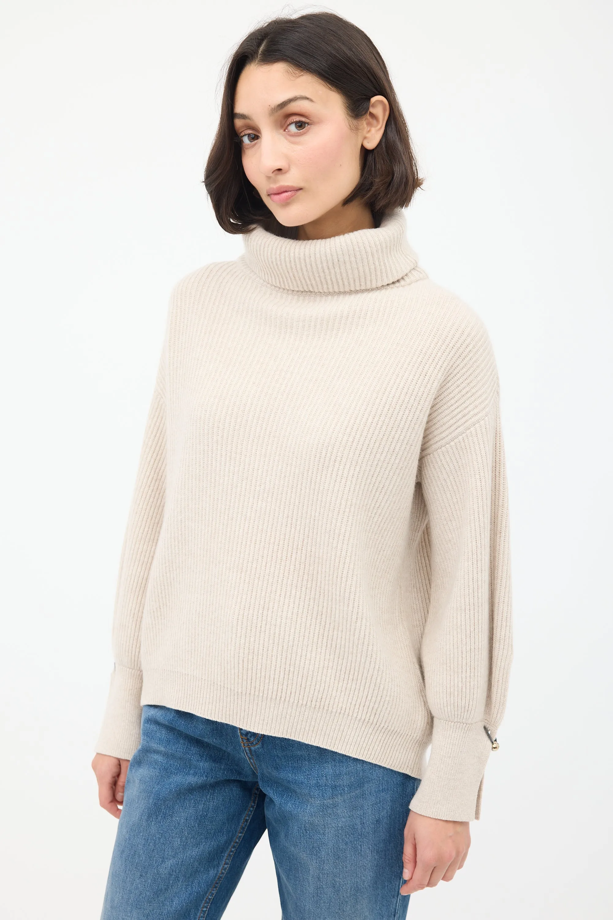Beige Cashmere Ribbed Turtleneck Sweater