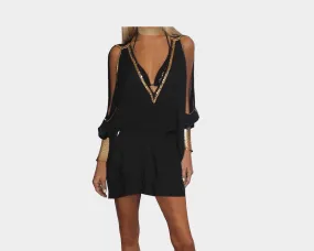 Black & Gold Beaded V-Neck Sun Goddess Dress - The Lake Como