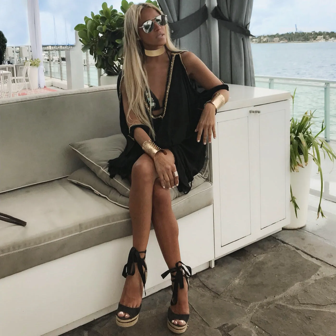 Black & Gold Beaded V-Neck Sun Goddess Dress - The Lake Como