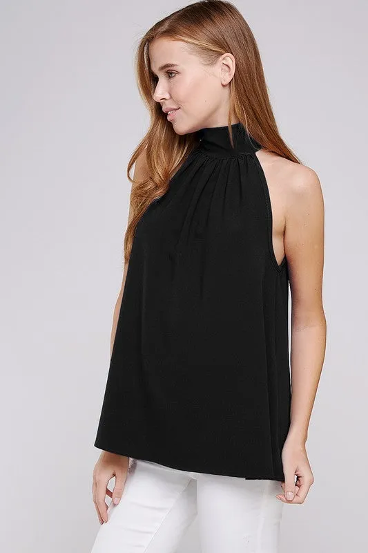 Black Turtleneck Sleeveless Back Bow Top