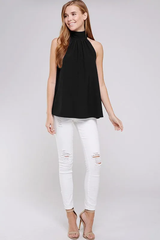 Black Turtleneck Sleeveless Back Bow Top