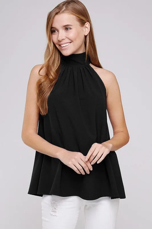 Black Turtleneck Sleeveless Back Bow Top