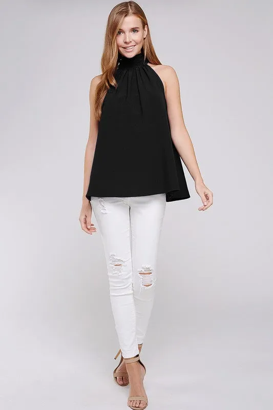 Black Turtleneck Sleeveless Back Bow Top