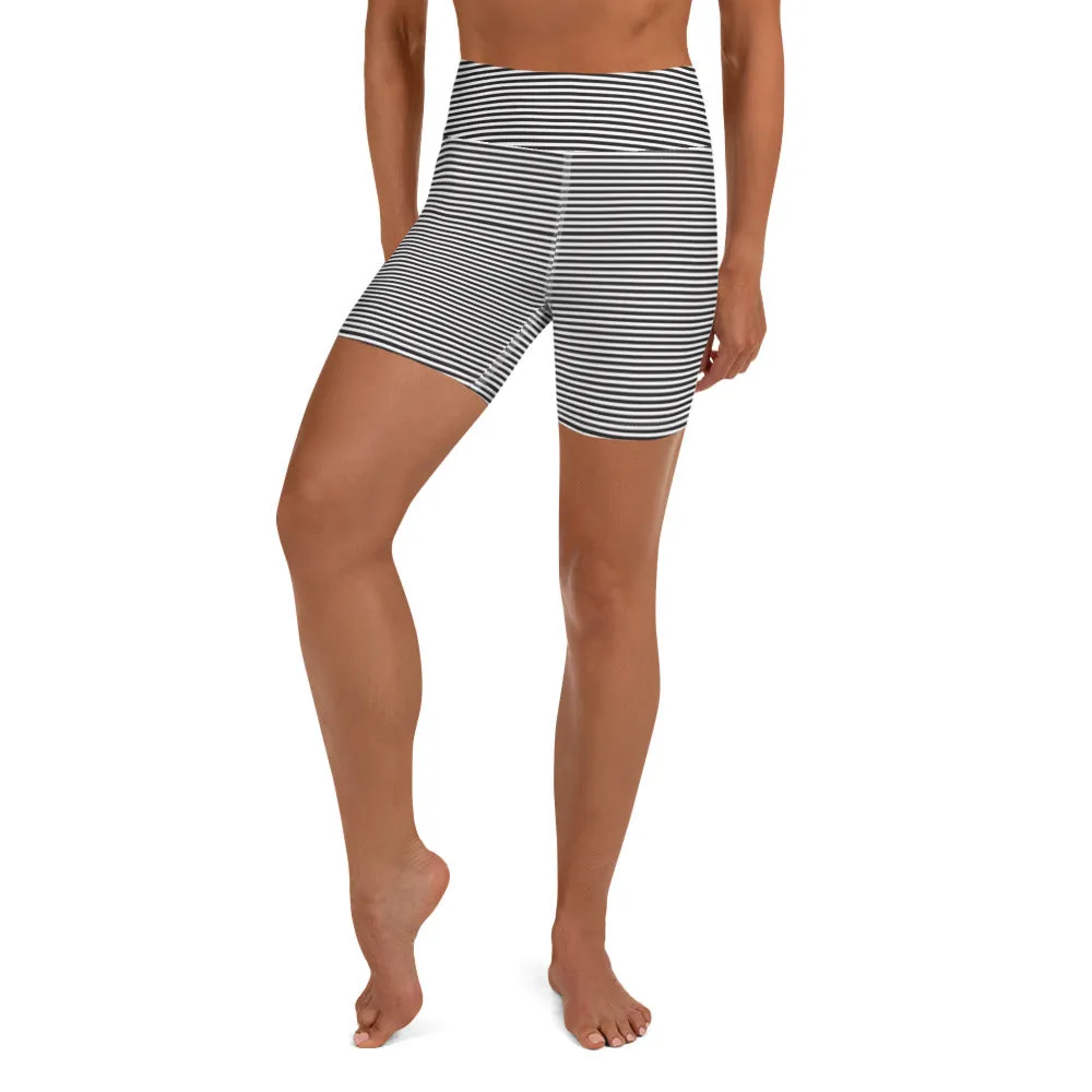 Black White Striped Yoga Shorts, Premium Horizontal Striped Gym Tight Shorts-Made in USA/EU/MX