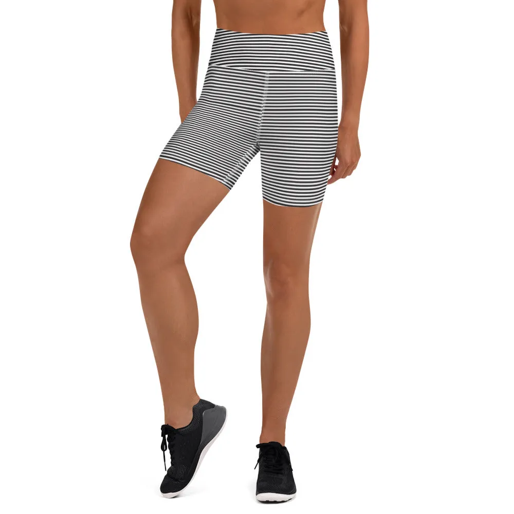 Black White Striped Yoga Shorts, Premium Horizontal Striped Gym Tight Shorts-Made in USA/EU/MX