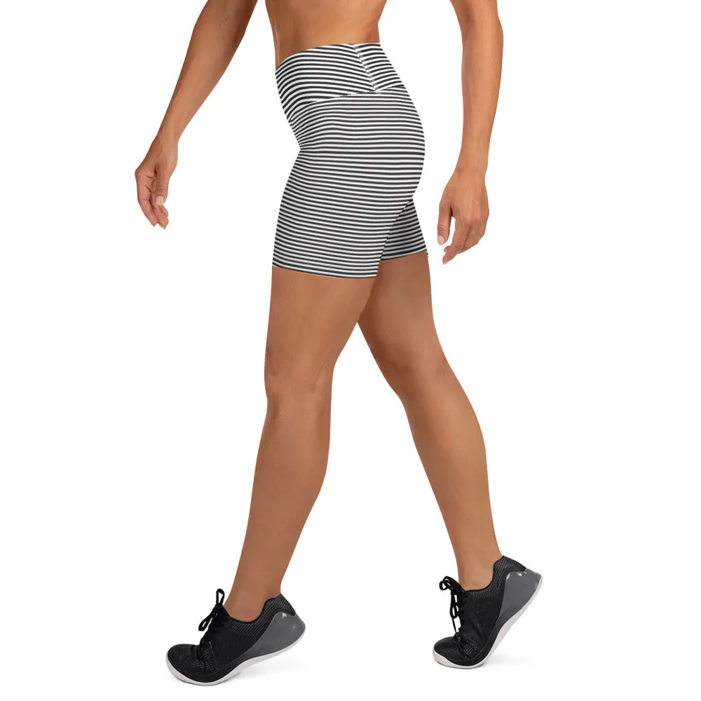 Black White Striped Yoga Shorts, Premium Horizontal Striped Gym Tight Shorts-Made in USA/EU/MX