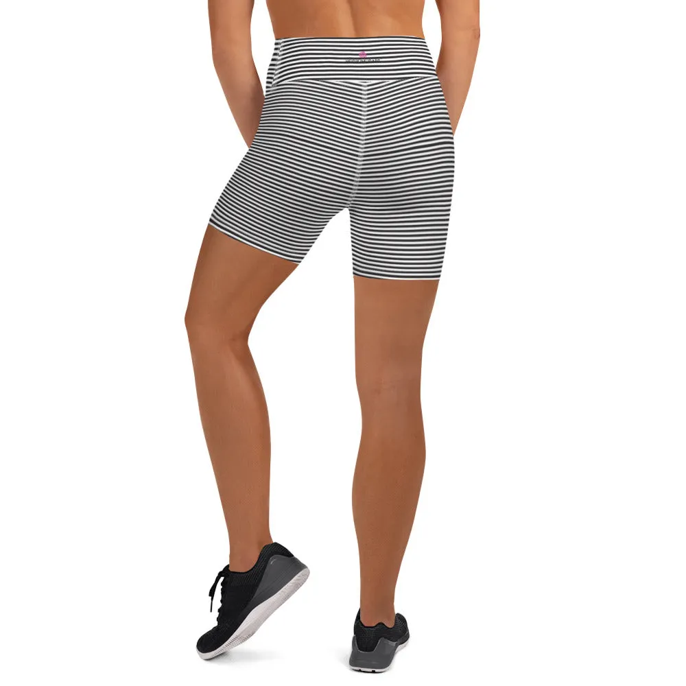 Black White Striped Yoga Shorts, Premium Horizontal Striped Gym Tight Shorts-Made in USA/EU/MX
