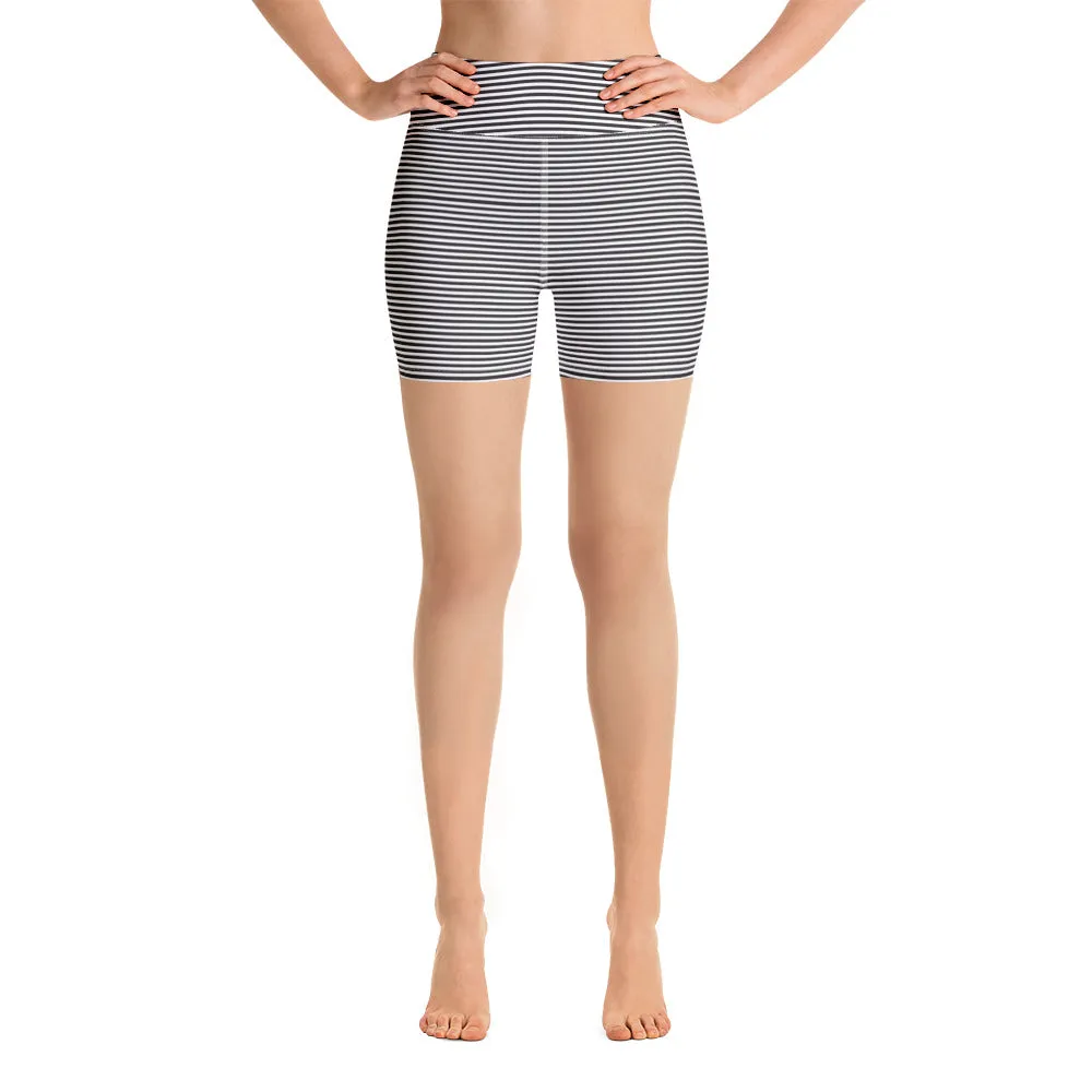 Black White Striped Yoga Shorts, Premium Horizontal Striped Gym Tight Shorts-Made in USA/EU/MX