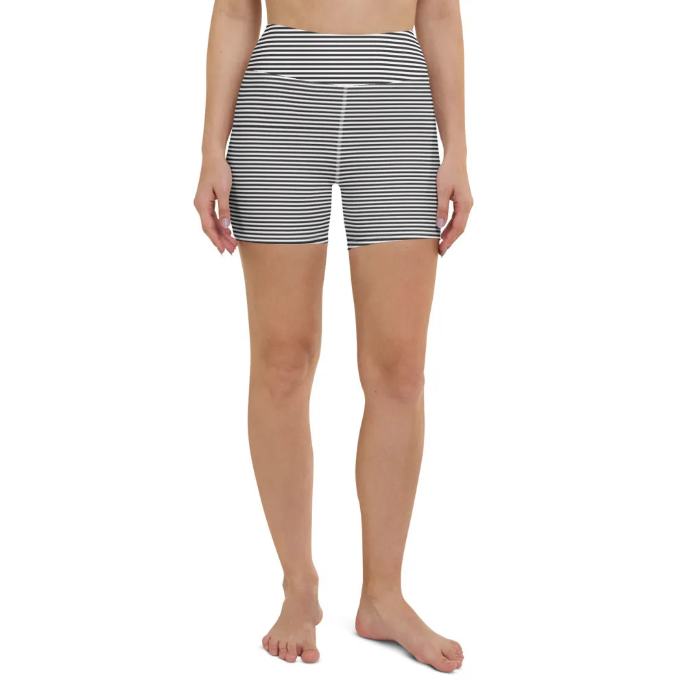 Black White Striped Yoga Shorts, Premium Horizontal Striped Gym Tight Shorts-Made in USA/EU/MX