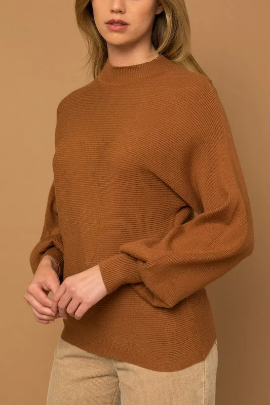 Camel Turtleneck Long Puff Sleeve Knit Sweater