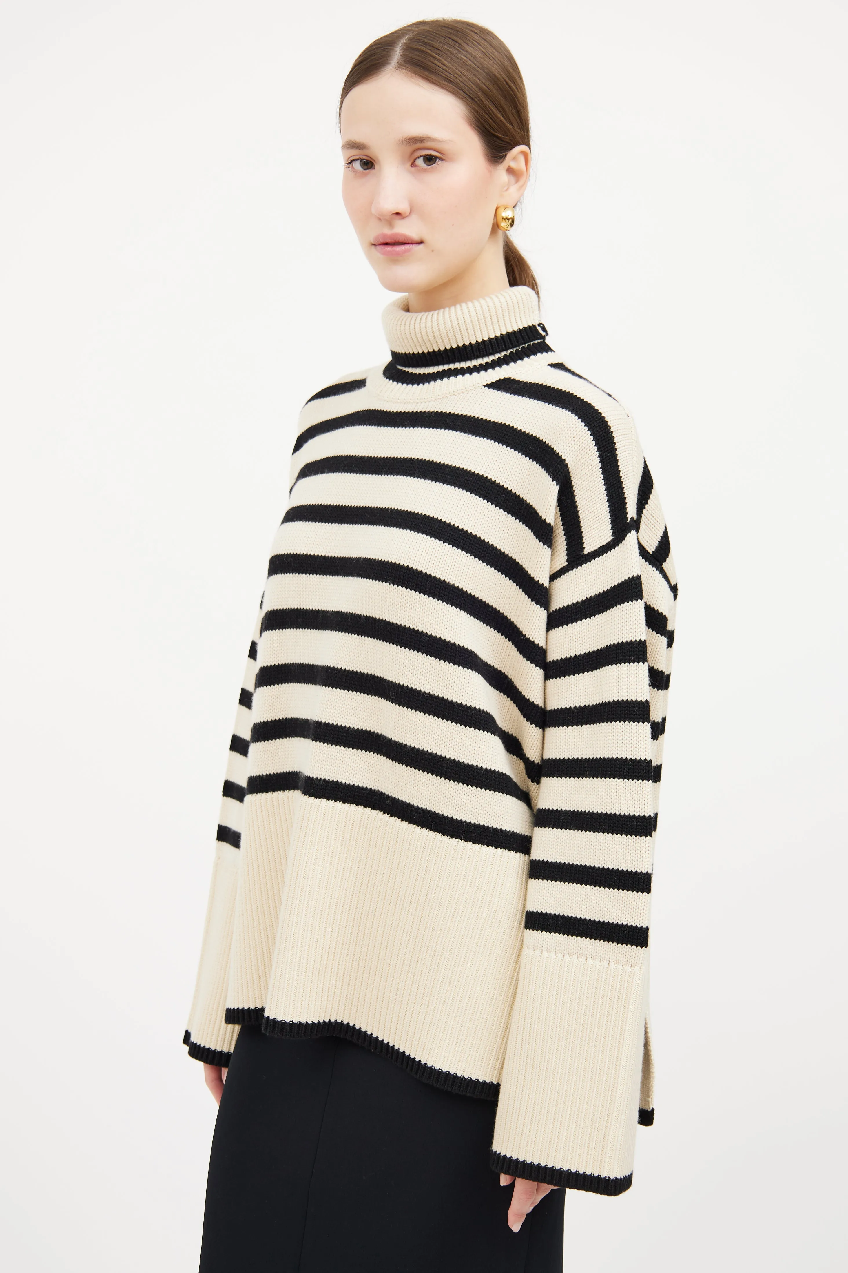 Cream & Black Stripe Turtleneck Sweater