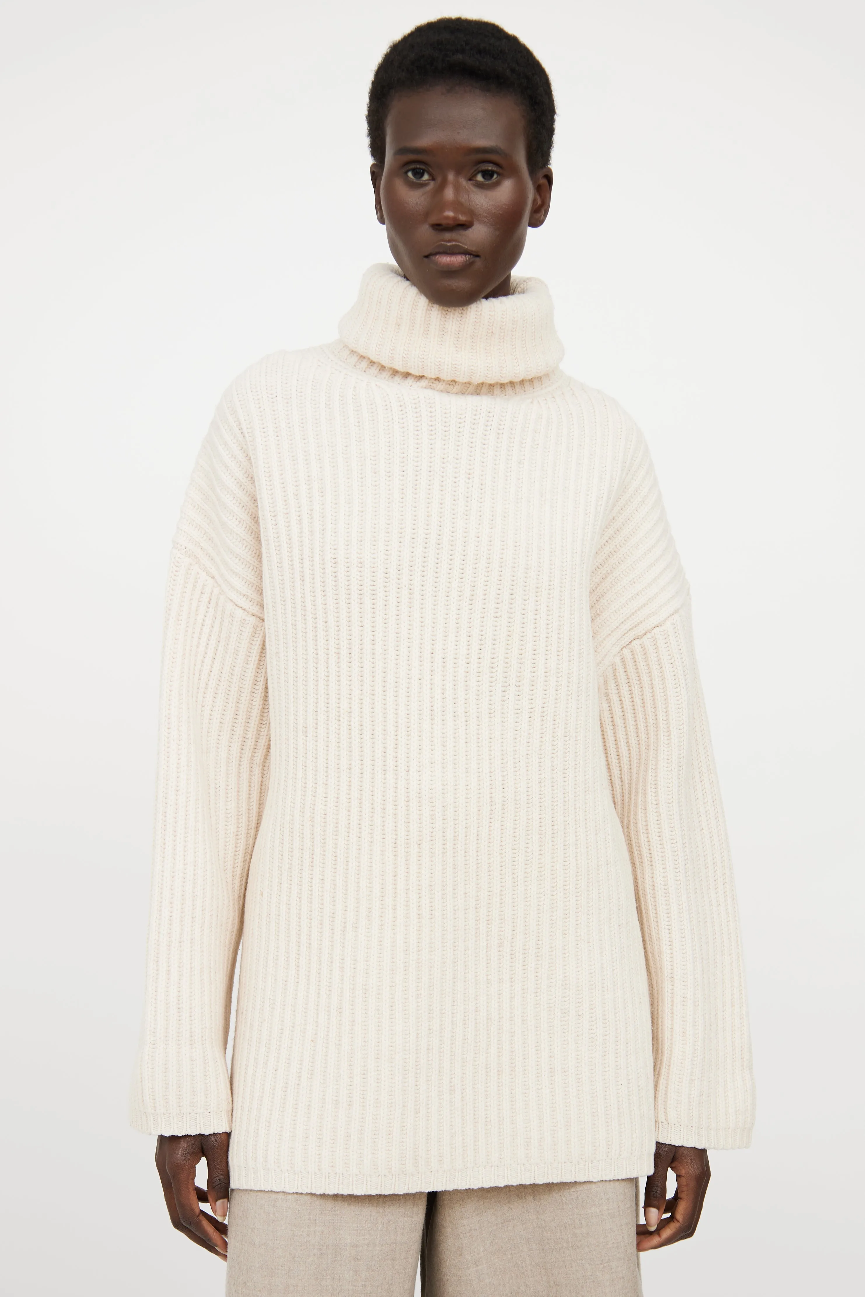 Cream Turtleneck Knit Sweater