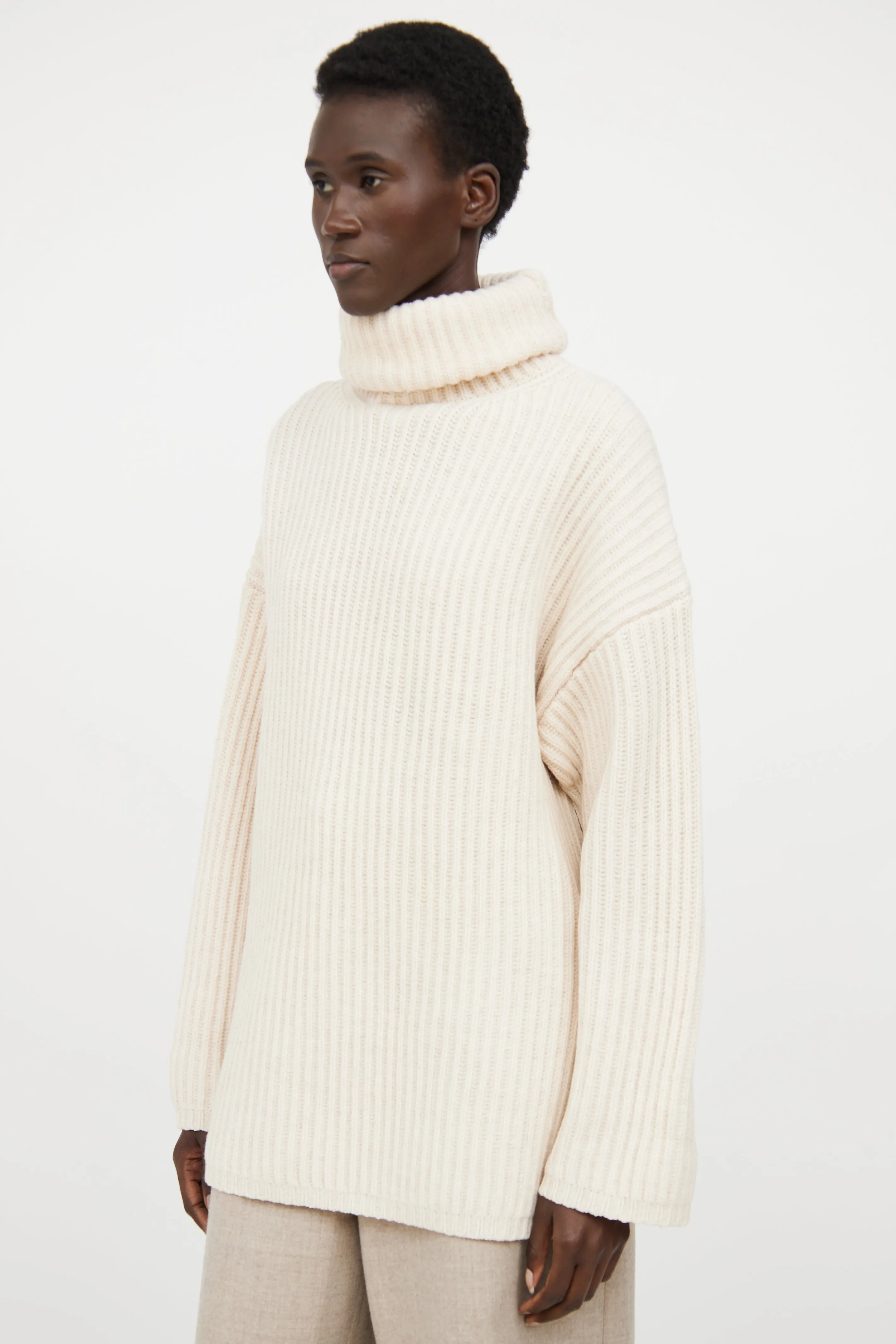 Cream Turtleneck Knit Sweater
