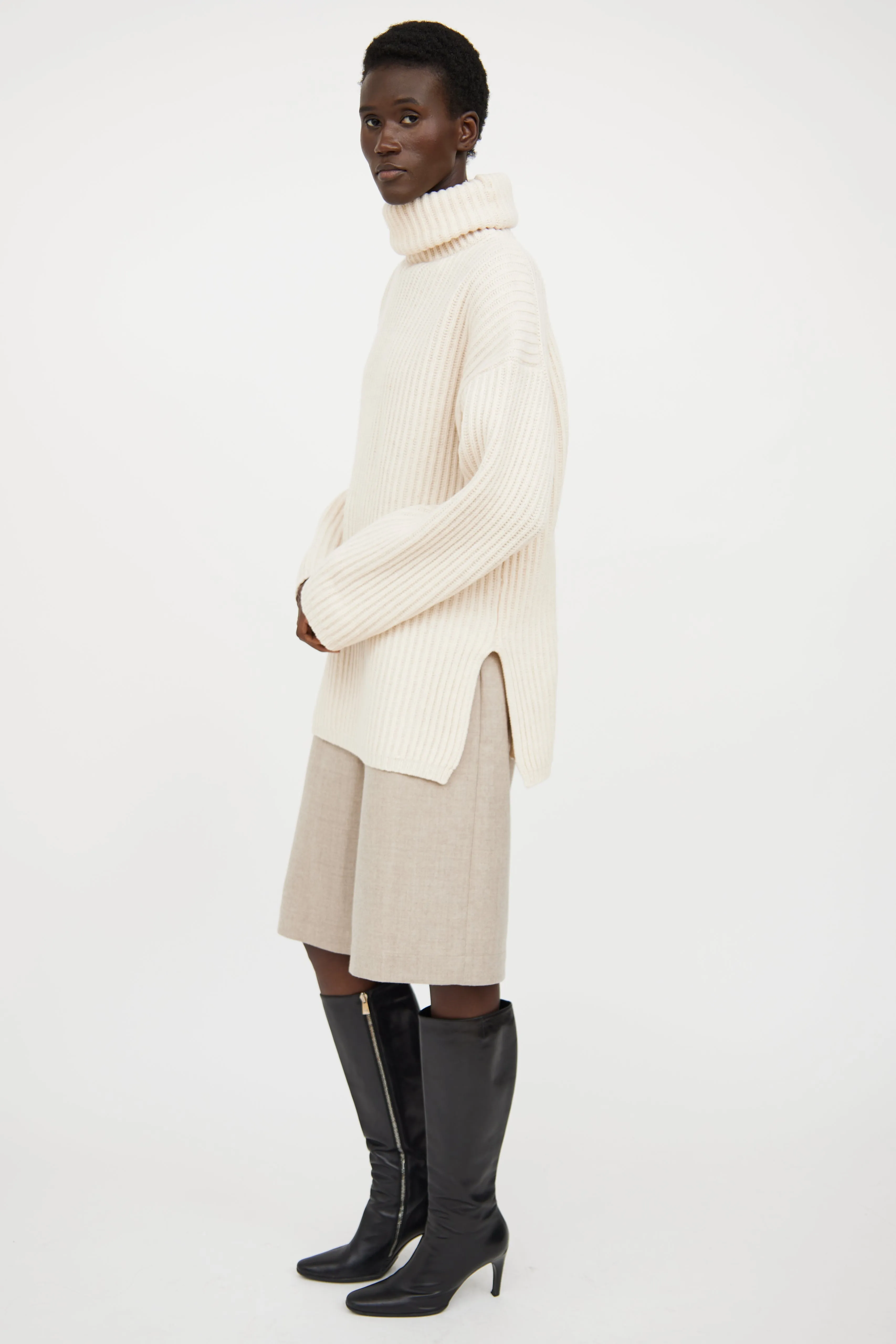 Cream Turtleneck Knit Sweater