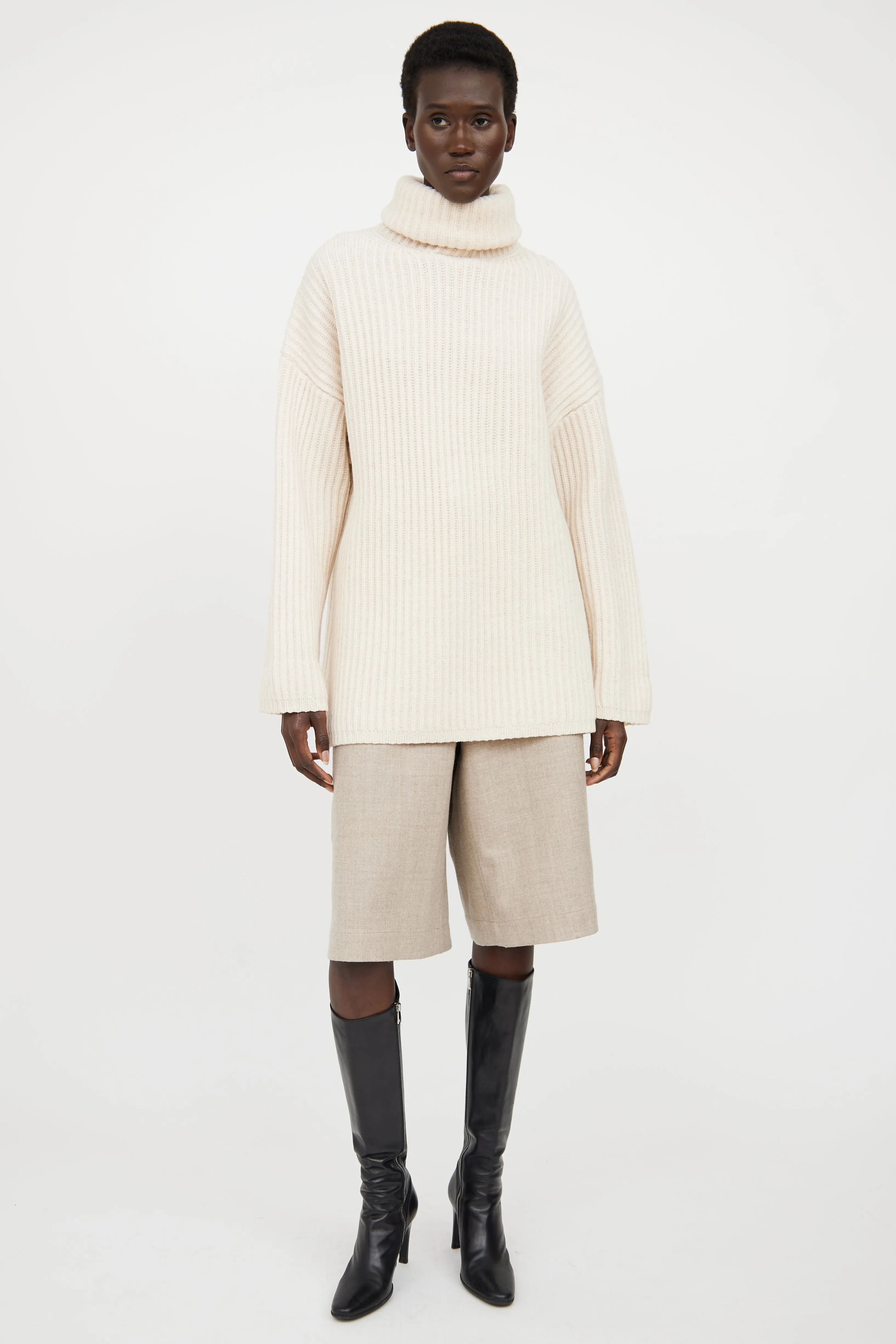 Cream Turtleneck Knit Sweater