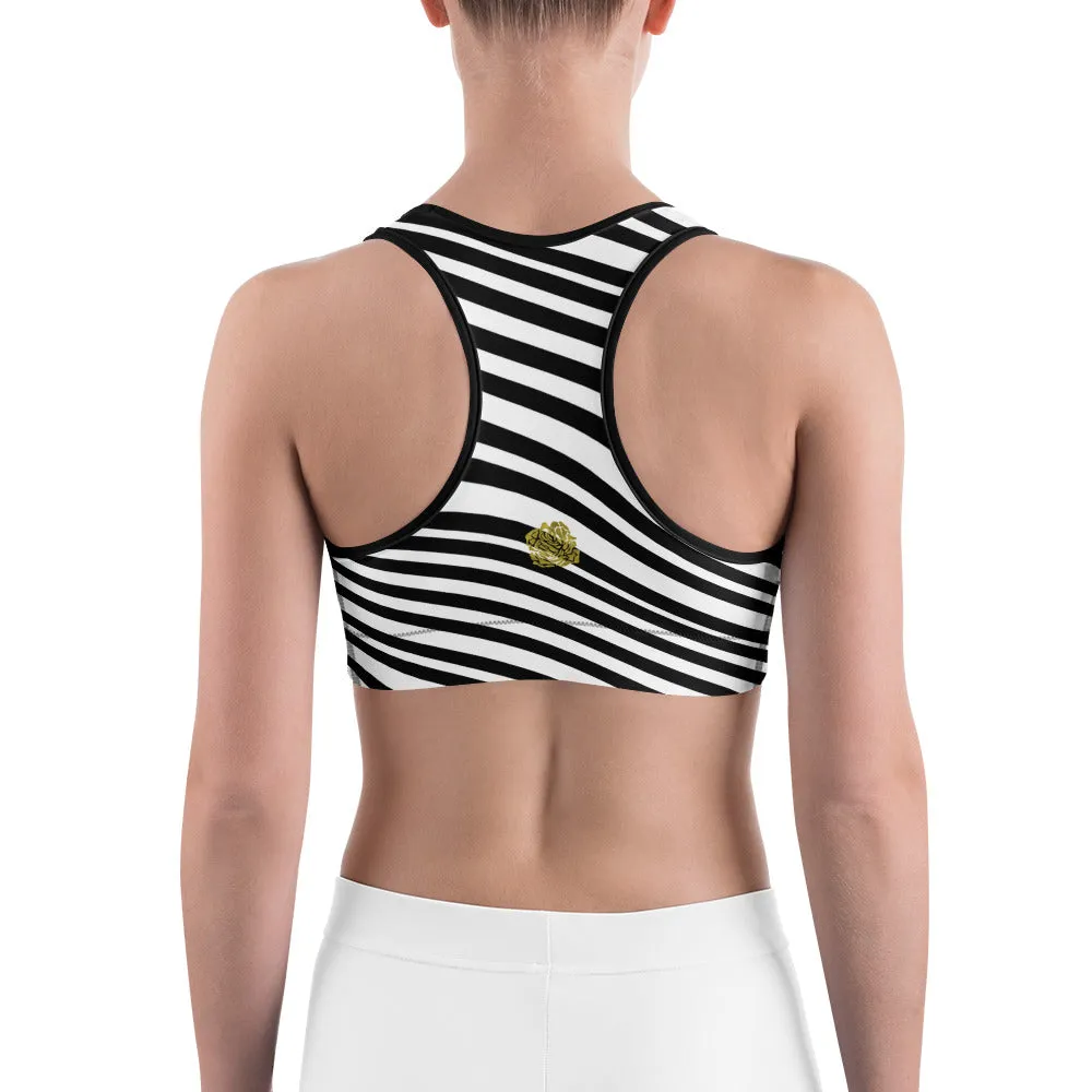 Diagonal Black Striped Sports Bra, Modern White Women's Fitness Bra-Made in USA/EU