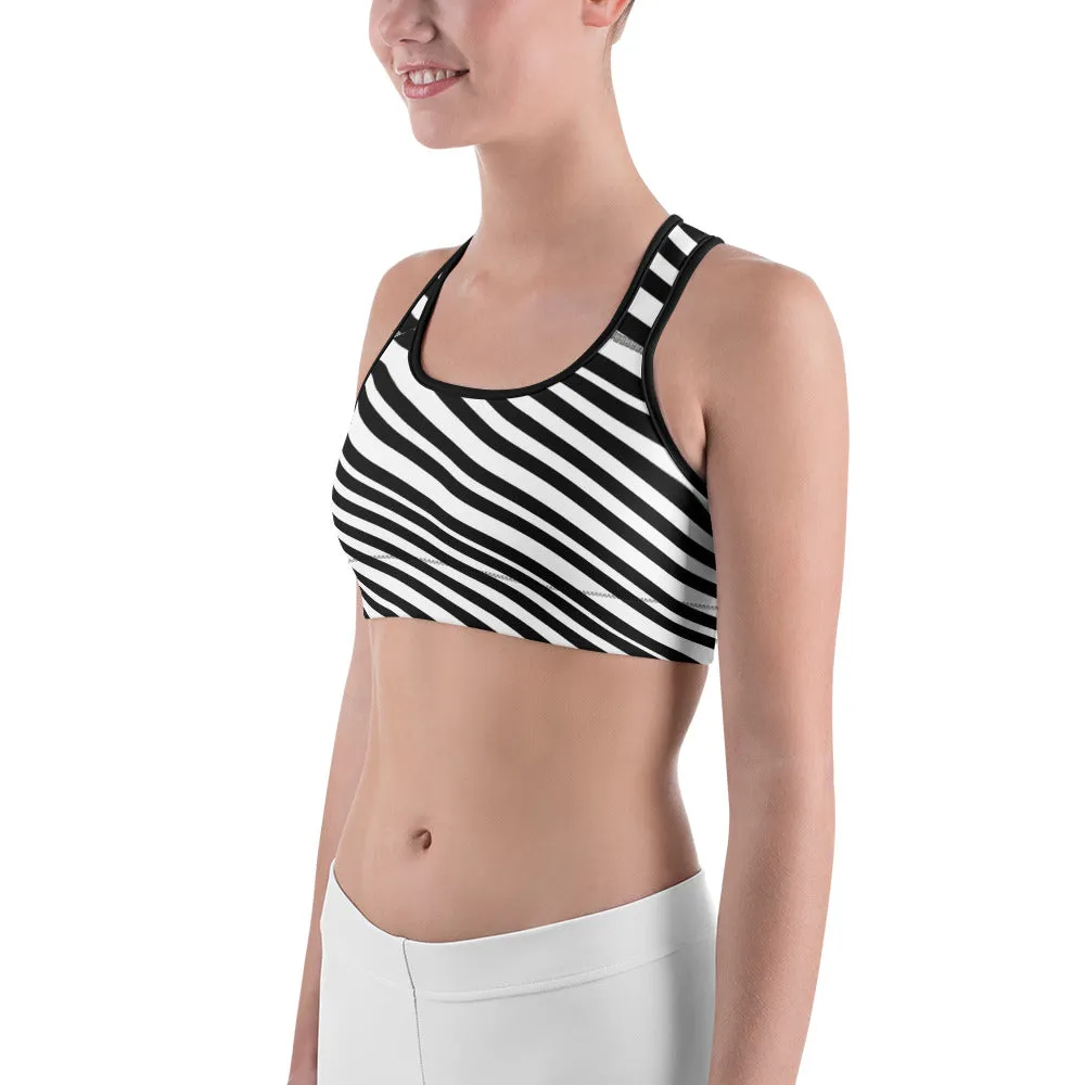 Diagonal Black Striped Sports Bra, Modern White Women's Fitness Bra-Made in USA/EU