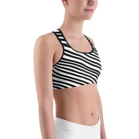 Diagonal Black Striped Sports Bra, Modern White Women's Fitness Bra-Made in USA/EU