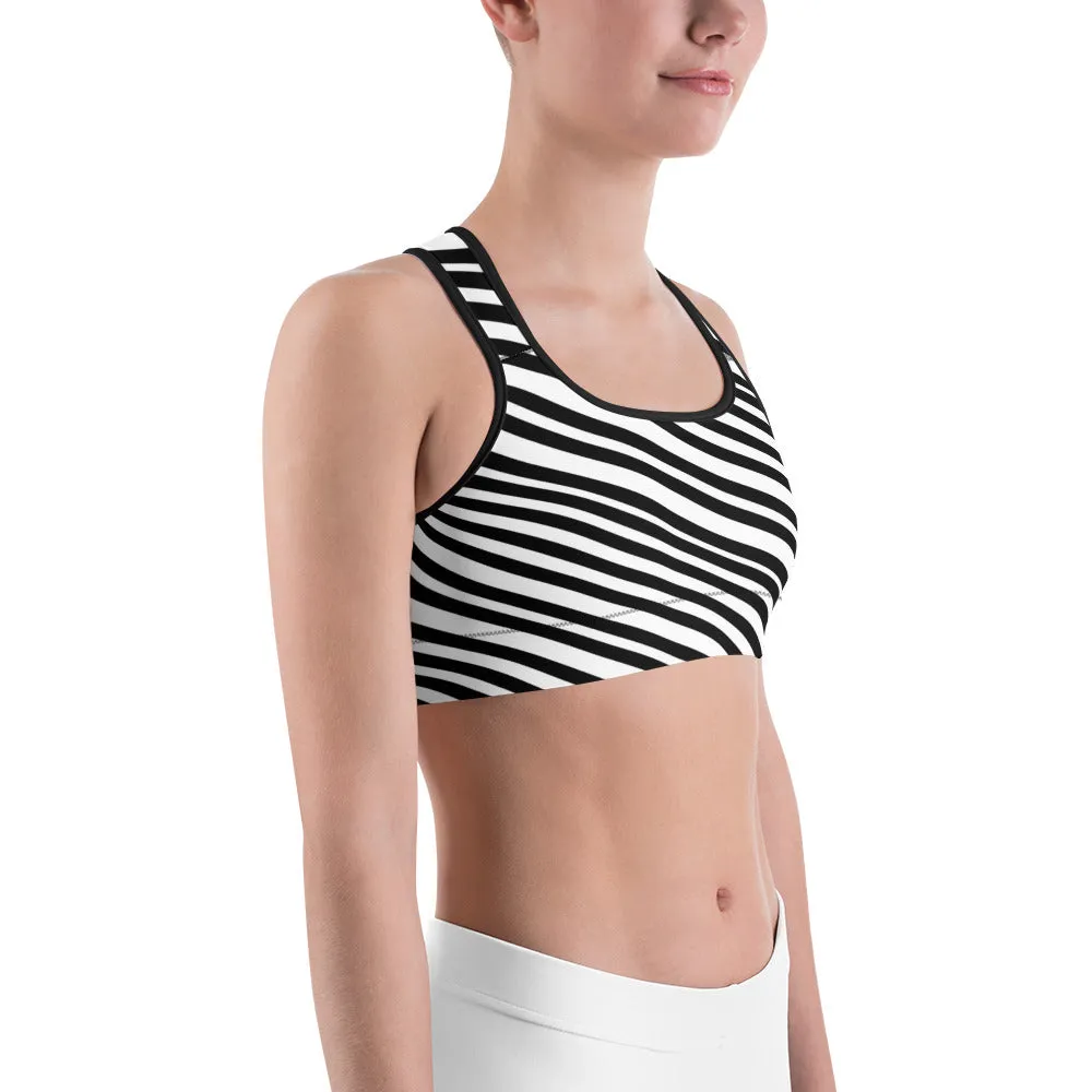 Diagonal Black Striped Sports Bra, Modern White Women's Fitness Bra-Made in USA/EU