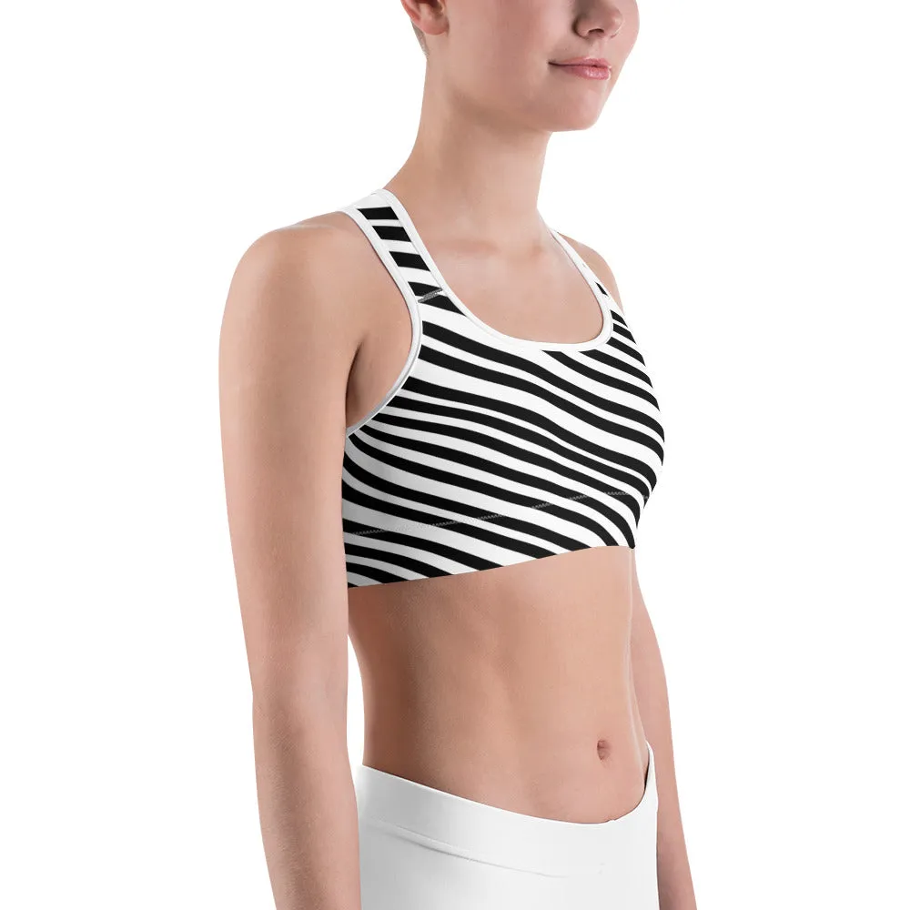 Diagonal Black Striped Sports Bra, Modern White Women's Fitness Bra-Made in USA/EU