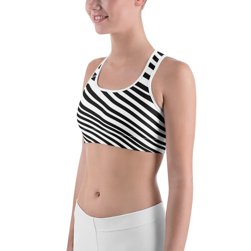 Diagonal Black Striped Sports Bra, Modern White Women's Fitness Bra-Made in USA/EU