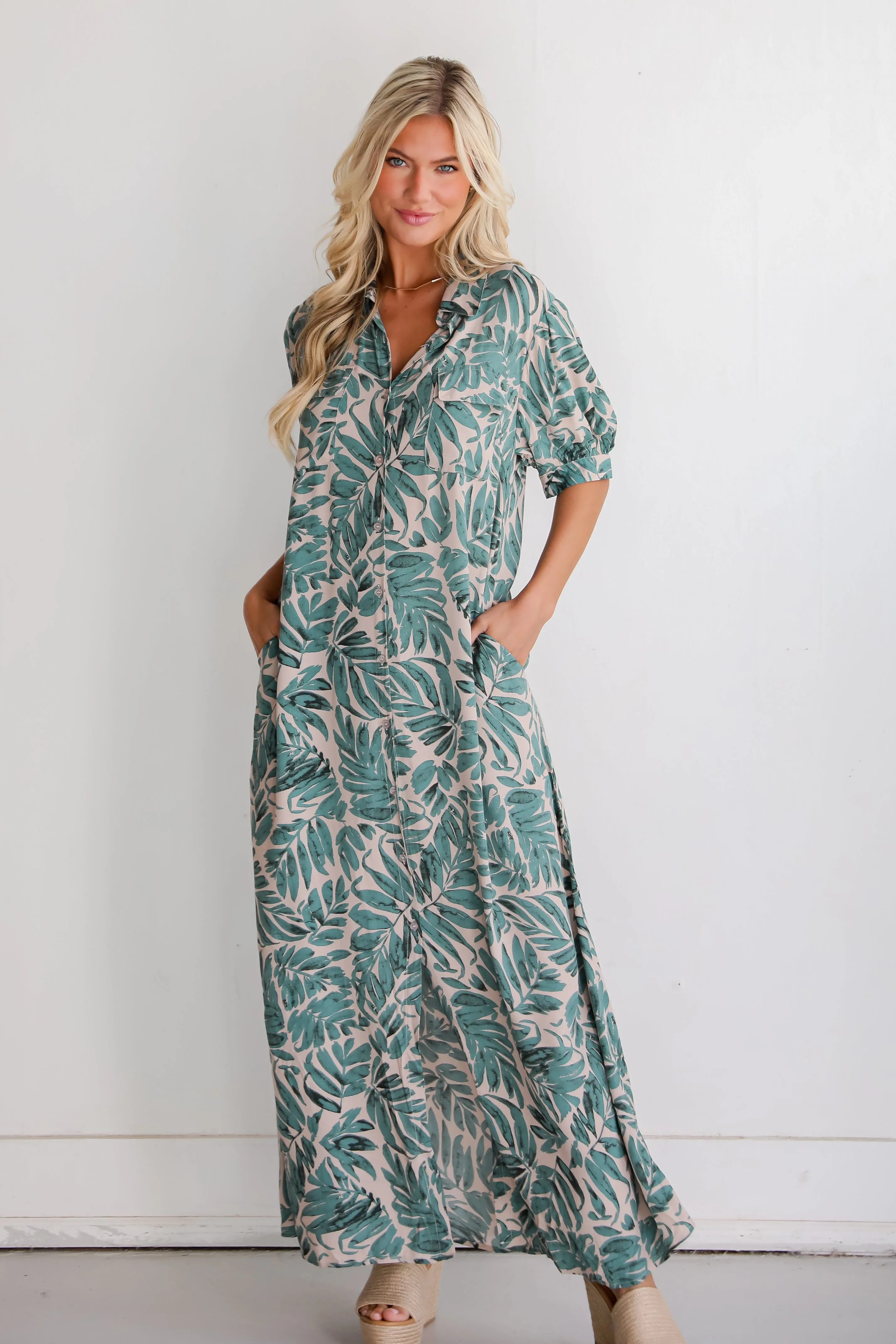 FINAL SALE - Island Impulse Sage Leaf Print Maxi Dress