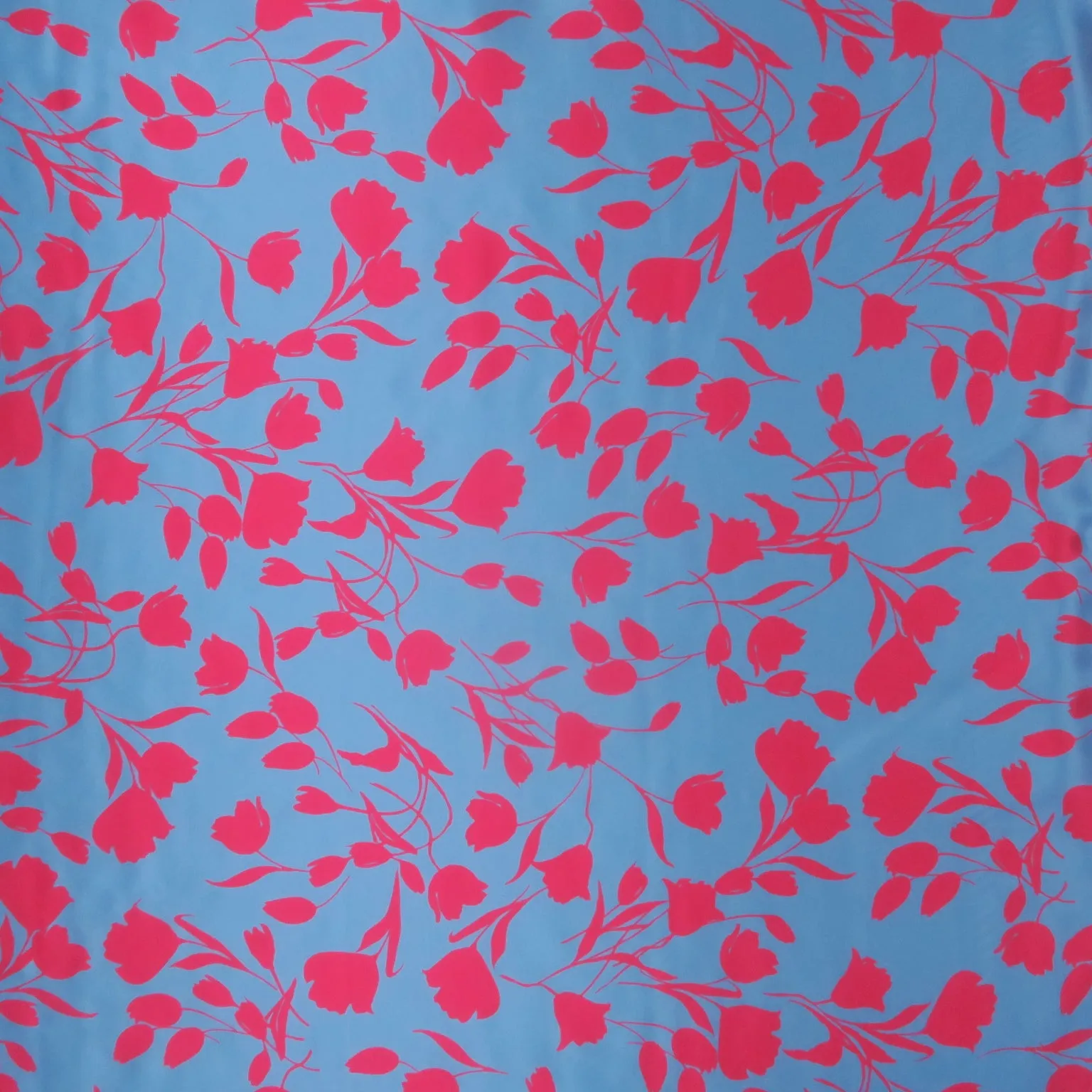 Fuchsia Florals on Sky Blue Background Printed Silk Charmeuse Fabric