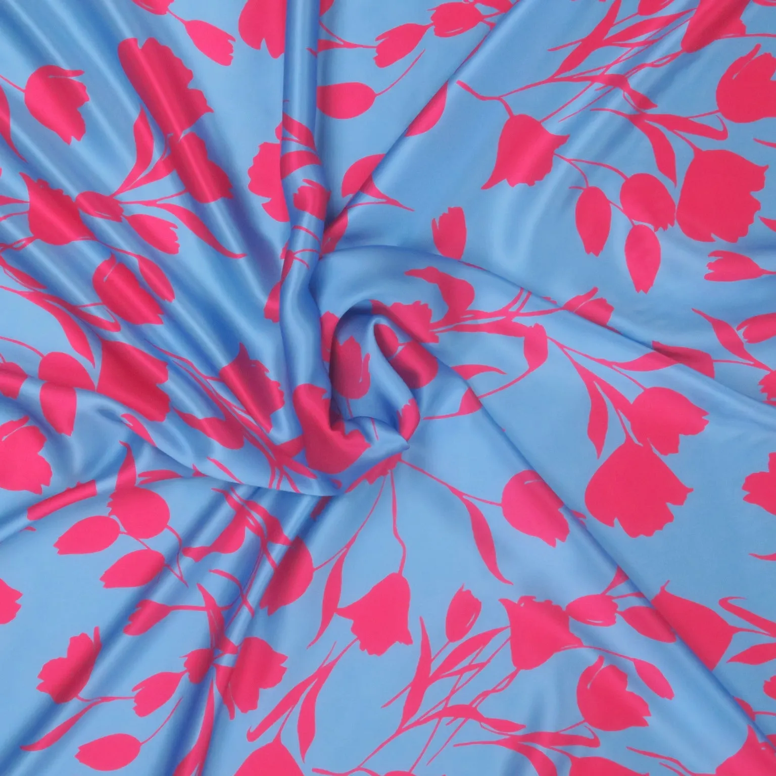 Fuchsia Florals on Sky Blue Background Printed Silk Charmeuse Fabric