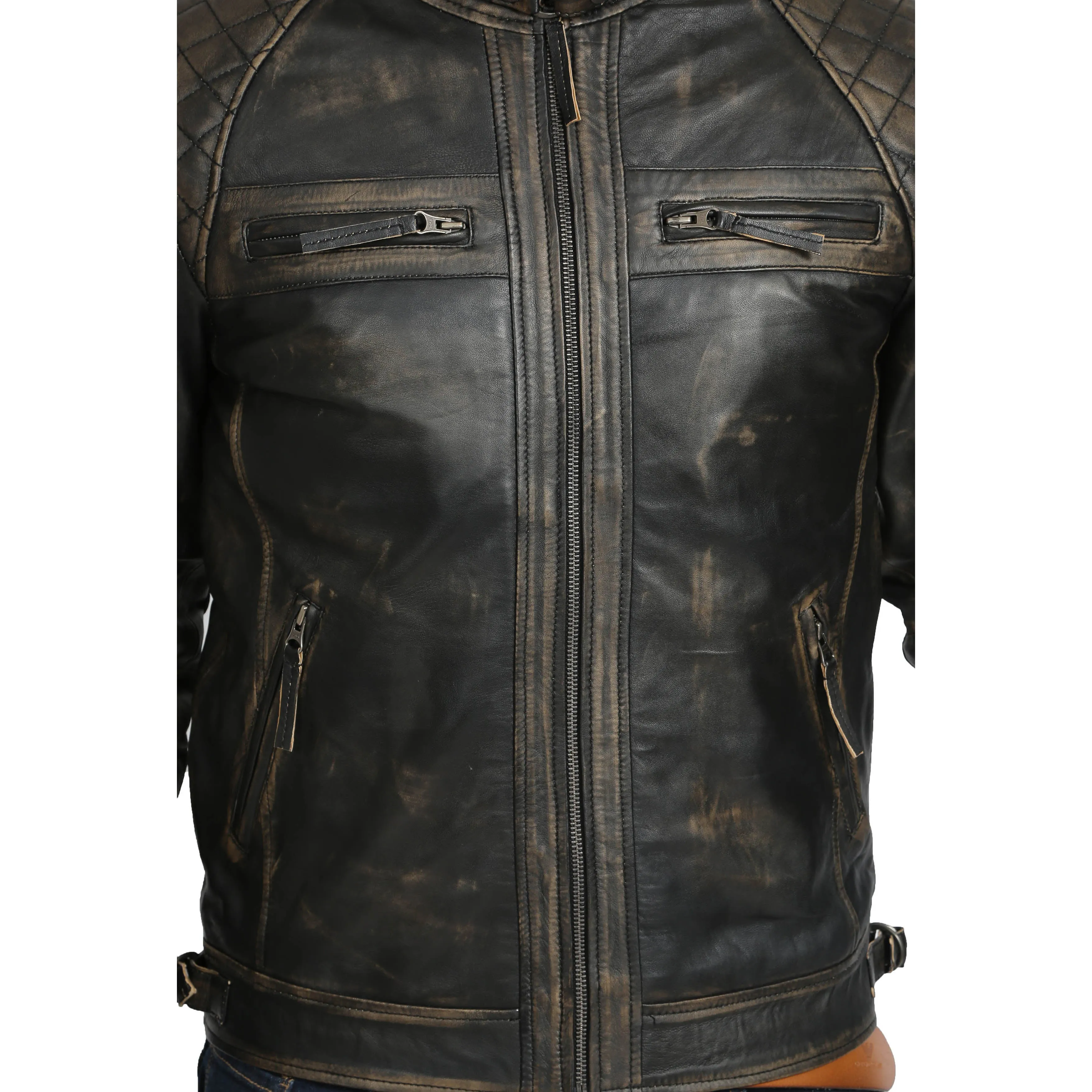 Gents Washed Biker Leather Jacket Django Rub Off