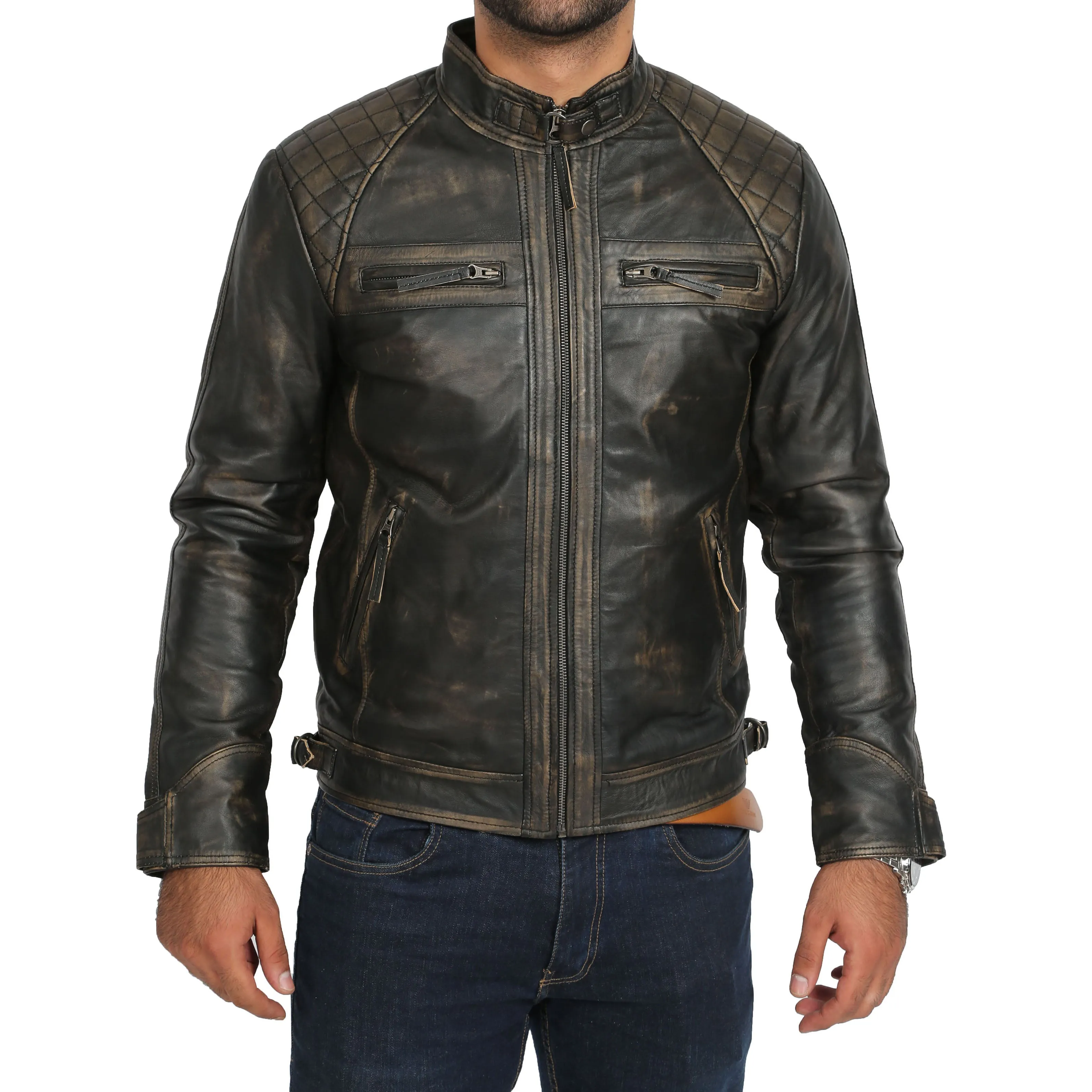 Gents Washed Biker Leather Jacket Django Rub Off