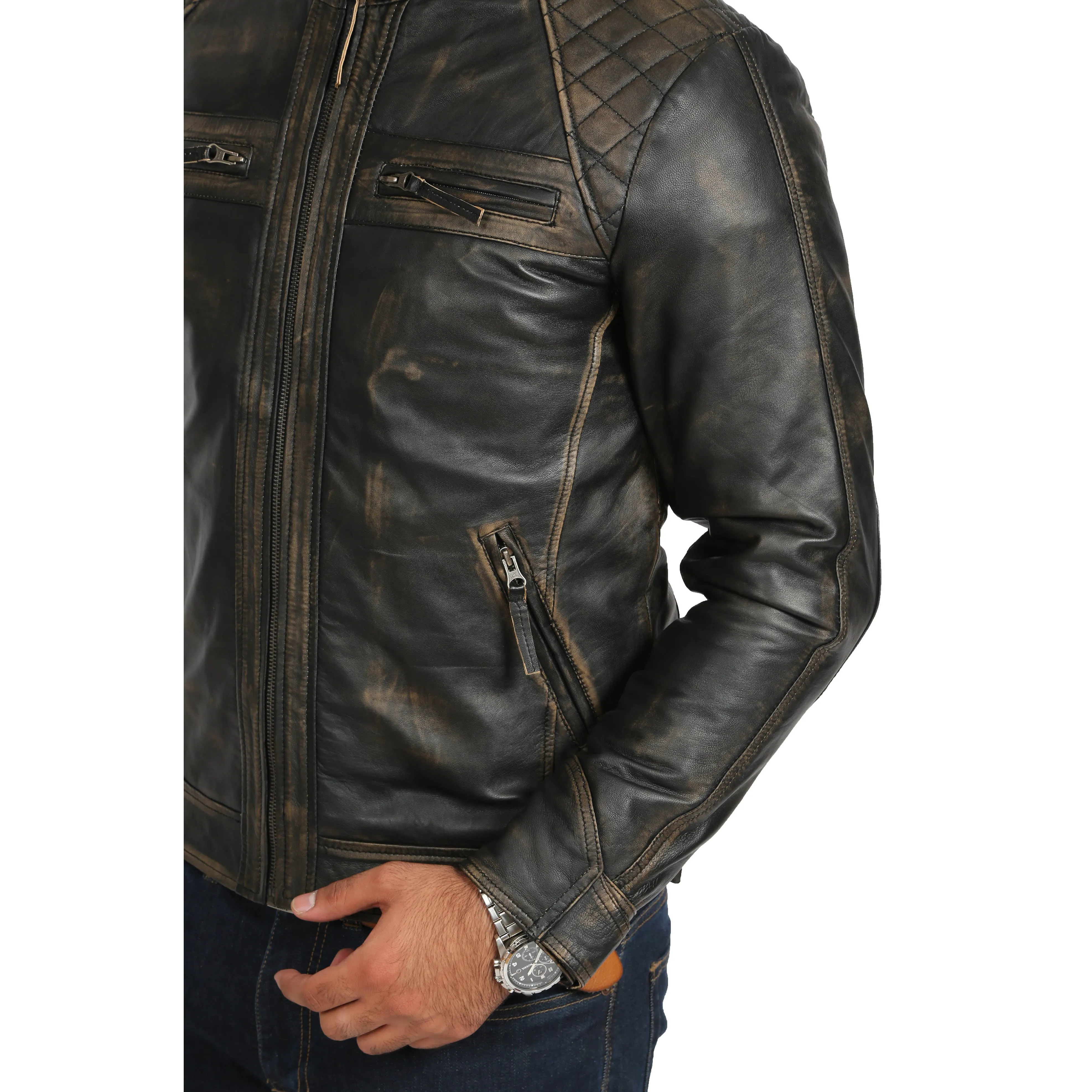Gents Washed Biker Leather Jacket Django Rub Off